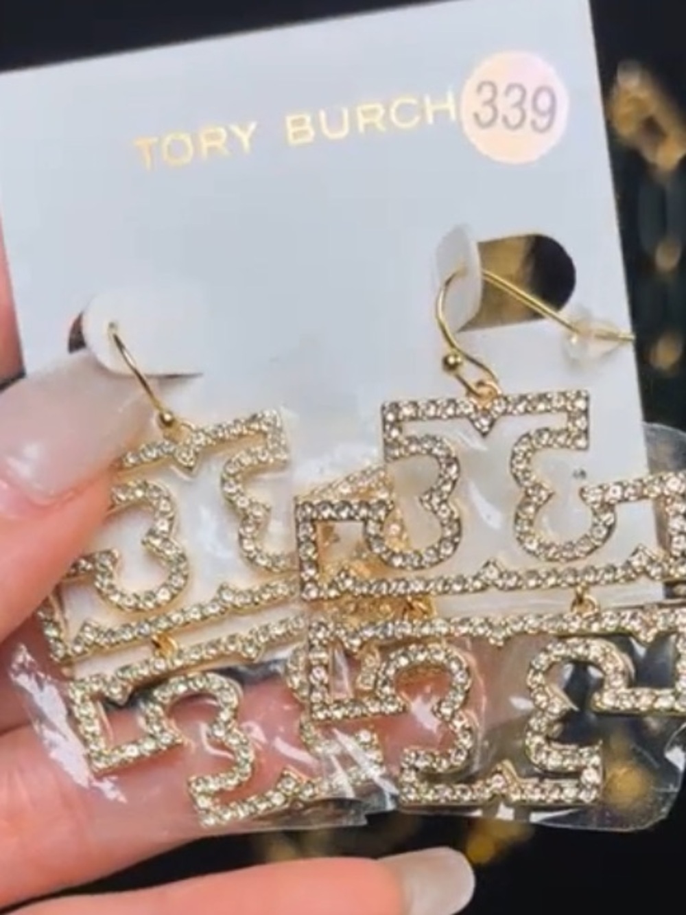 Tory Burch Gold Crystal Double-Tier Logo Drop Earrings NEW $129